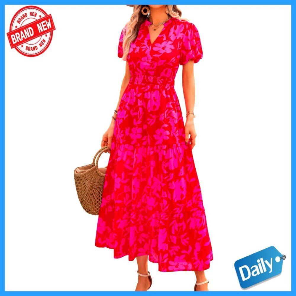 V-Neck Puff Sleeve Smocked Maxi Dress Flowy Boho Casual Beach